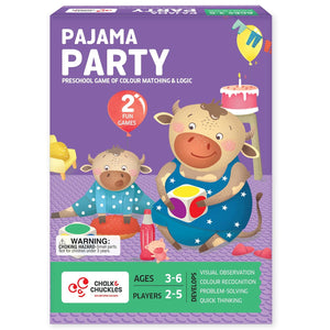 Pajama Party preschool game box with cartoon cows and colorful design