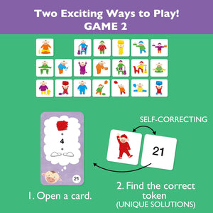 Game board with cards and instructions for playing, featuring a self-correcting mechanism.