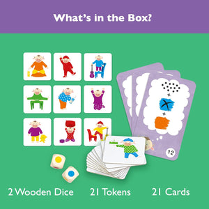 Educational game components including dice, tokens, and cards on a green background with text indicating contents.