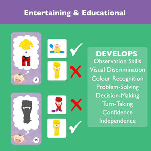 Educational card game with colorful illustrations and text on a green background