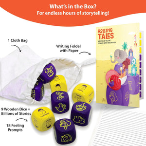 Rolling Tales dice set with writing folder and cloth bag on a white background