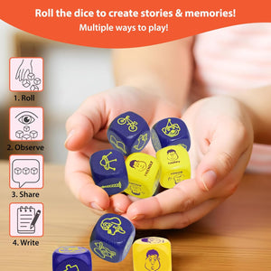 Hands holding colorful dice with icons and text about creating stories and memories.
