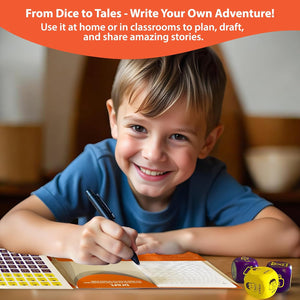 Child writing with a pen on a notebook, with educational materials around, against an orange background with text about writing adventures.