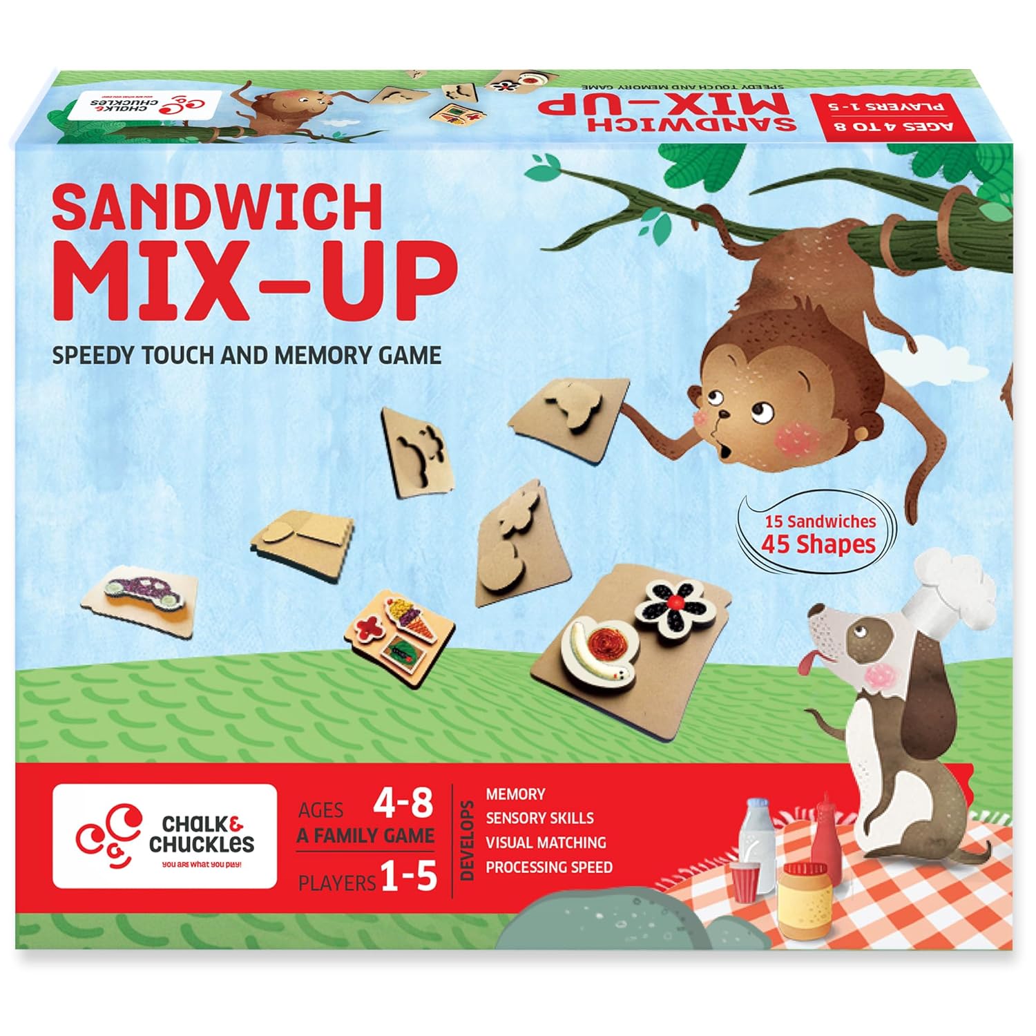 Box of 'Sandwich Mix-Up' game by Chalk & Chuckles with cartoon monkey and dog on a picnic theme.