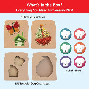 Sensory play kit contents including slices with pictures, shapes, and chef tokens on a blue background.