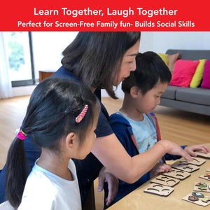 Woman and two children playing with a puzzle in a living room, with text about screen-free family fun and social skills building.