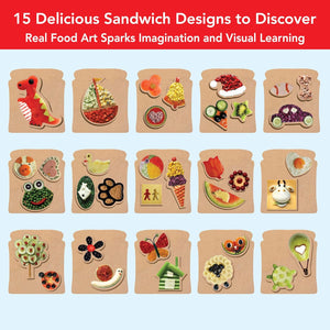 Various sandwich designs with food art on a red and blue background