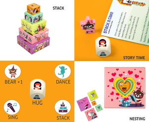 Collection of children's toys including a stack of colorful boxes, dice, and story cards on an orange background.