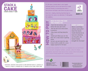 Back of a toy packaging for 'Stack a Cake' with colorful cake stacks and bear figure.