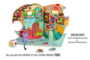 Children's puzzle with interactive elements and educational text on a white background