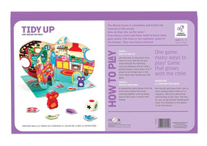 Board game packaging for 'Tidy Up' with colorful illustrations and text on a purple background