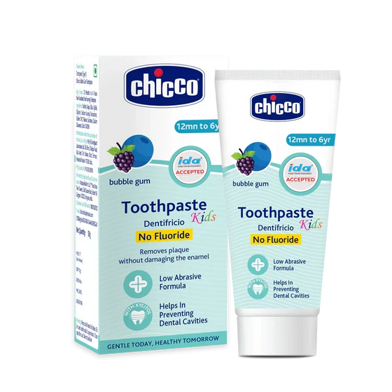 Chicco kids' toothpaste packaging with box and tube on a white background. Chicco Bubble Gum Toothpaste 12M to 6Y 50g go littles product main image