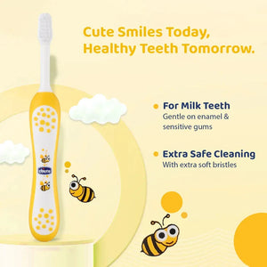 Children's toothbrush with bee design on a yellow background, featuring text about dental care. Chicco Toothbrush Yellow 6M-36M go littles product image 3