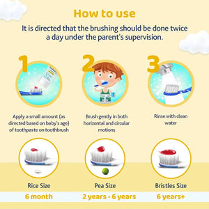 Instructions on how to use a toothbrush for children with visual aids and text. Chicco Toothbrush Yellow 6M-36M go littles product image 8