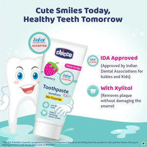 Chicco kids' toothpaste with a cartoon tooth character and product details on a light blue background. Chicco Toothpaste Strawberry Flavor 12 M to 6y 50 g go littles product image 4
