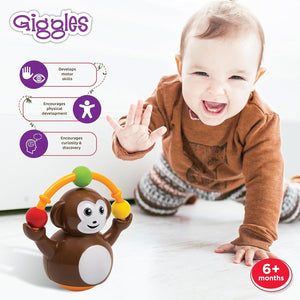 Funskool_Giggles_Push_N_Crawl_Monkey_at_Go_Littles_product_image_4.Baby playing with a monkey-shaped toy, with 'Giggles' branding and product features listed.