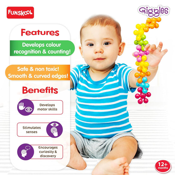 Funskool Giggles Star Links at go littles product image 2.Baby holding a colorful toy with Funskool and Giggles branding, featuring product features and benefits.