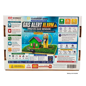 The back of the retail packaging box for the GO Science Classroom Series Gas Alert Alarm model school project & demonstration kit, showing detailed feature callouts, educational icons, and a central illustration of a gas sensor connected to a small house.