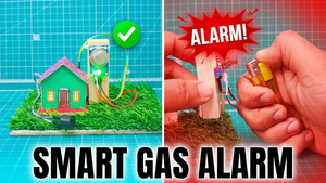 A split-screen demonstration of a smart gas alarm kit. The left side shows a small green house-shaped gas sensor with wires, a battery, and a green checkmark icon on a grassy base.Go_Science_Classroom_Series_Gas_Alert_Alarm_MQ135_Gas_Sensor_School_Project_Demonstration_Kit_demonstration image