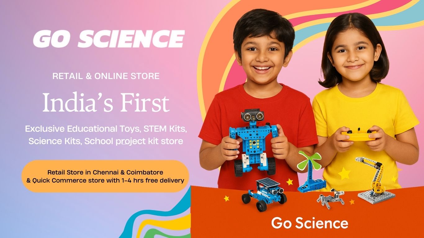 Two children holding educational toys with Go Science branding on a colorful background