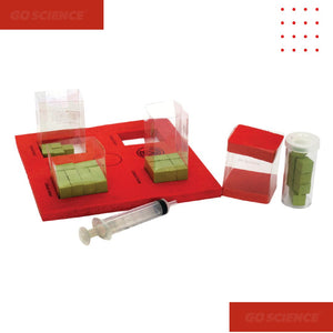 Science experiment kit with green cubes, syringe, and red tray on a white background. Grade_8_Math_School_project_Mensuration_Surface_Area___Volumes_project_image_1_goscience