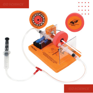 Science experiment kit with wheels and syringes on an orange base, branded 'GO Science'. Grade 8 School Project Friction_product_image_go_science
