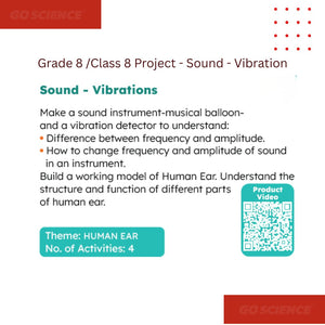 Educational project on sound vibrations with a QR code for a product video, themed 'Human Ear'. Grade_8_School_Project_Sound_Vibration_project_image2_goscience