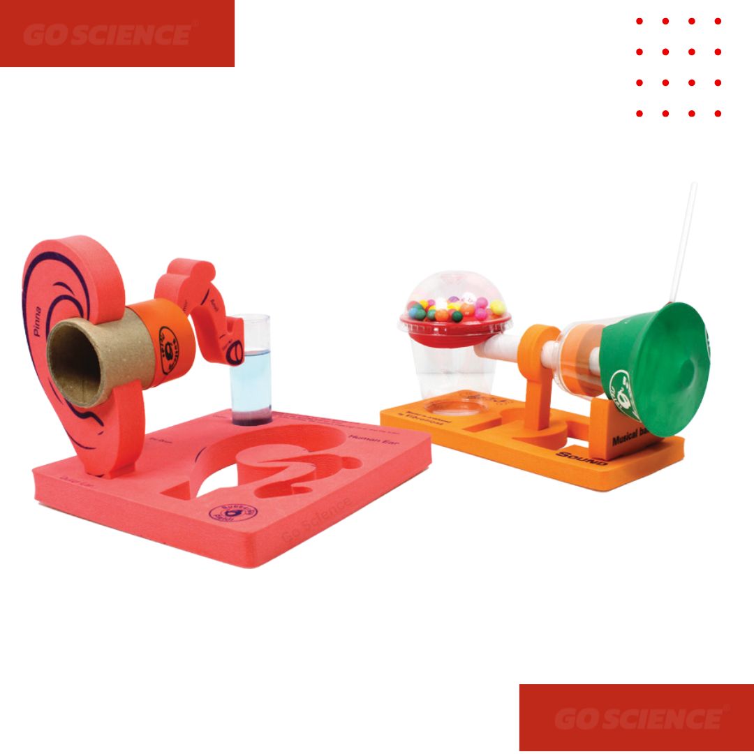 Colorful science experiment kit with various components on a white background, branded 'GO SCIENCE'. Grade_8_School_Project_Sound_Vibration_project_image_goscience