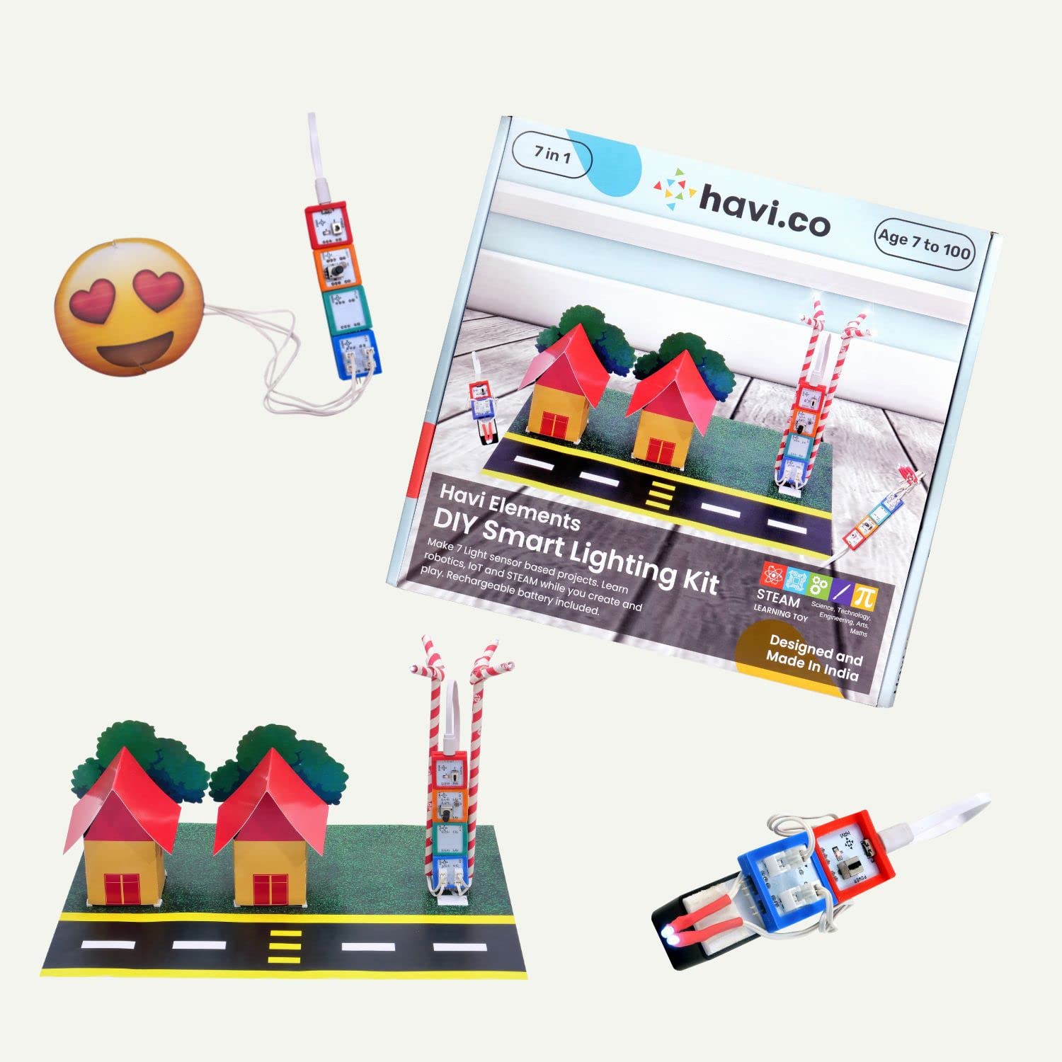 Havi DIY Smart Lighting Kit packaging with small model structures and emoji on a white background. Havi 7 in 1 DIY Smart Light School Projects Kit 7 in 1 STEAM Projects Kit product image at go science