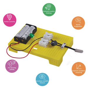 Electrical circuit kit on a yellow base with batteries and wires, surrounded by educational icons. ITSY BITSY DIY STEM Learning Kit Build Your Own Fire Alarm_Go_Science_product_image_6