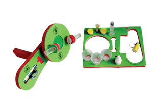 Colorful children's educational toy with green and red components on a pink background