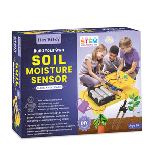 Box for 'Build Your Own Soil Moisture Sensor' STEM learning kit with children and gardening tools on a white background.