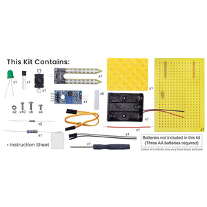 List of electronic components and tools included in a kit on a white background. Itsy Bitsy Build Your Own Soil Moisture Sensor - STEM Kit - Go Science_product_image 3