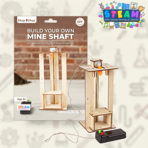 Wooden mine shaft kit with packaging labeled 'Build Your Own Mine Shaft' by Itsy Bitsy, on a light background available at Go Science