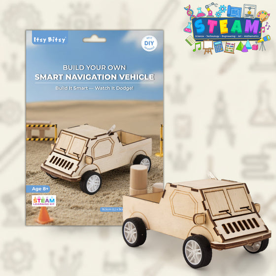 Wooden model of a smart navigation vehicle with packaging and 'STEAM' branding. Itsy Bitsy DIY Build Your Own Obstacle Avoidance Vehicle – Small Truck available at Go Science product image 1