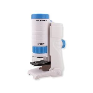 A white and blue electronic microscope with a base stand, featuring a cylindrical body, adjustment knobs, and a clear viewing stage, shown on a plain white background.