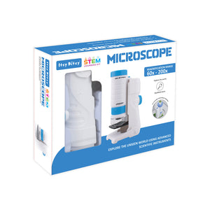 Box of Itty Bitty Microscope with blue and white design on a white background. Itsy Bitsy DIY STEM Learning Kit Microscope Box available at Go Science image 7