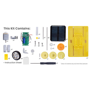 List of components included in a kit on a white background. Itsy Bitsy Solar Charging Vehicle - Build Your Own DIY STEM Learning Kit go science product image 3