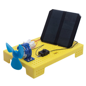 Solar panel and toy boat model on a yellow base with a white background. Itsy Bitsy Solar Powered Fan Go Science product image 2