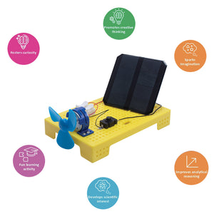 Solar-powered STEM kit with a yellow base, blue propeller, and solar panel on a white background. Itsy Bitsy Solar Powered Fan Go Science product image 5