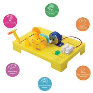 Educational science kit with components on a yellow base, featuring icons and text about its benefits. Itsy bitsy-Build_Your_Own_Hand_Dynamo_Power_Generator_DIY_Stem_Learning_Kit_go_science_product_image_5