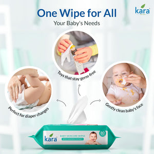 Kara baby skincare wipes packaging with usage scenarios on a light blue background. Kara_Cleaning_Baby_Wipes_80pcs_go_littles_product_image 8
