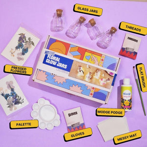 Floral craft kit with labeled items on a purple background. Kitsters DIY Floral Glow Jar Kit available at Go Science product image 2