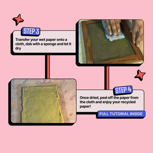 Step-by-step guide on transferring wet paper onto a cloth with text on a pink background. Kitsters DIY Handmade Paper Kit at Go Science Product Image 10