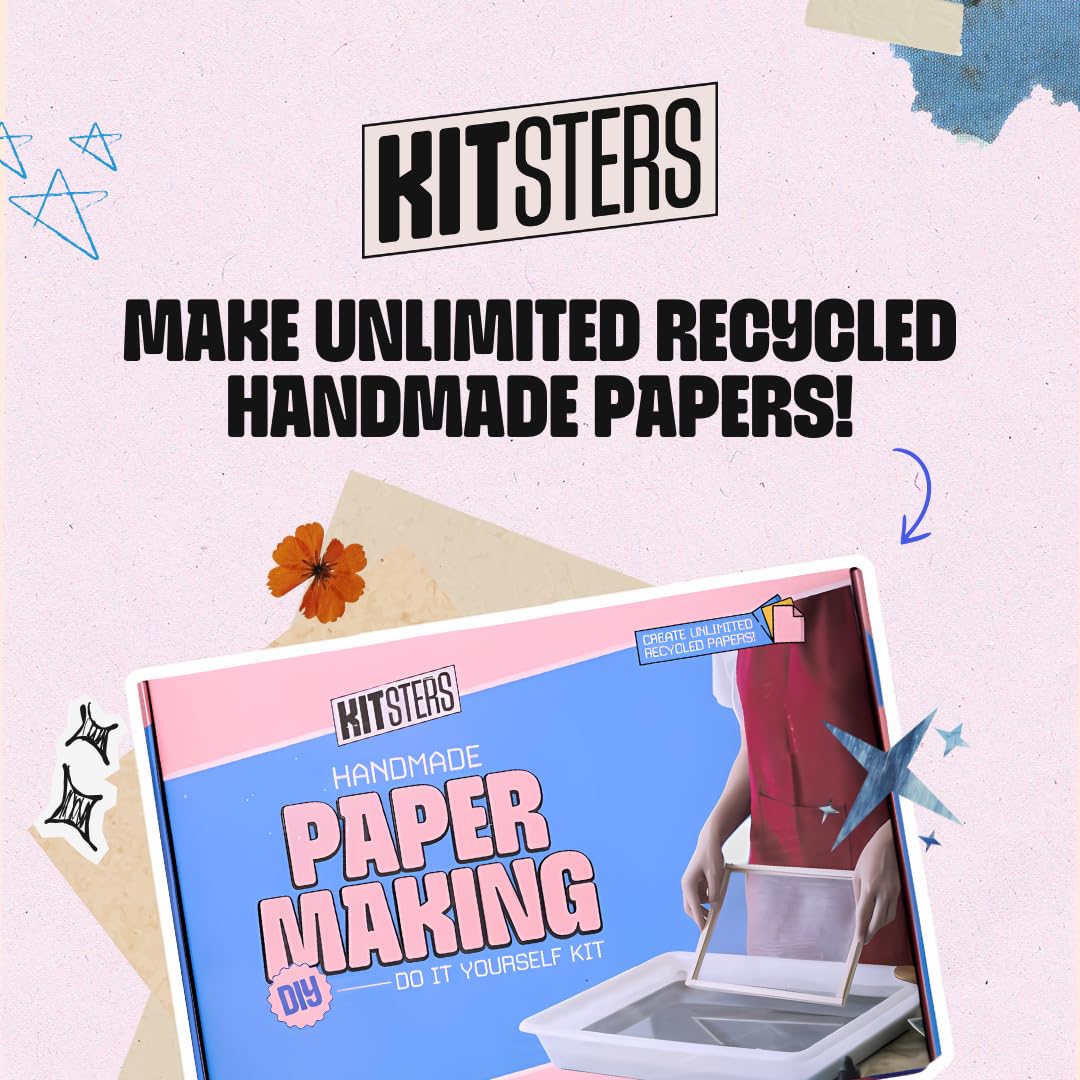 KITSTERS paper making kit with text 'Make unlimited recycled handmade papers!' on a colorful background. Kitsters DIY Handmade Paper Kit at Go Science Product Image 2