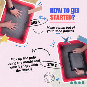 Instructions on how to make a pulp from used papers and shape it with a mold. Kitsters DIY Handmade Paper Kit at Go Science Product Image 3