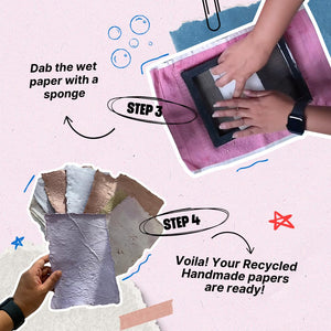 Step-by-step guide to making recycled handmade papers with text and images of hands and paper. Kitsters DIY Handmade Paper Kit at Go Science Product Image 5