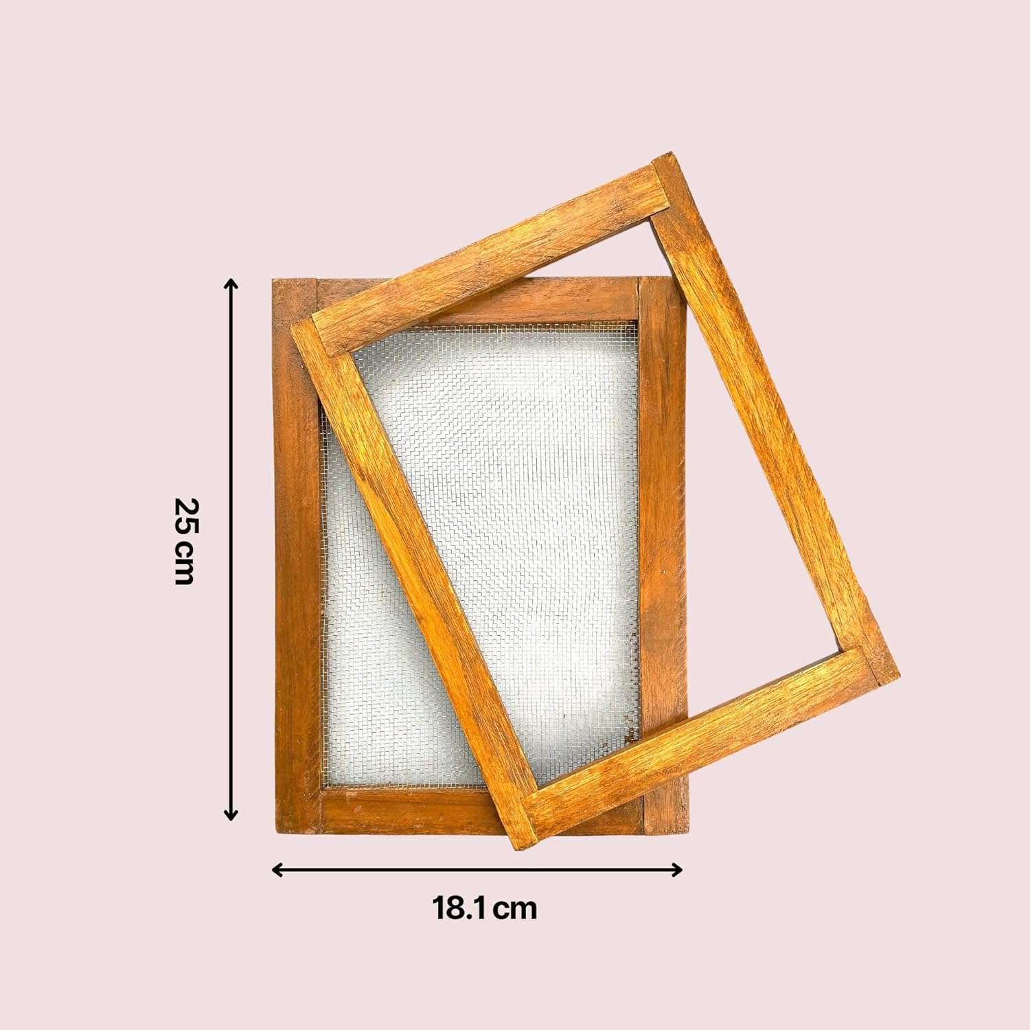 Two wooden picture frames with dimensions indicated on a light pink background. Kitsters DIY Handmade Paper Kit at Go Science Product Image 7
