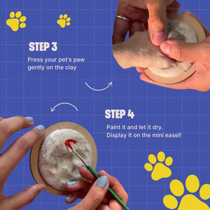 Step-by-step tutorial on making a pet paw print craft with hands and tools on a blue background. Kitsters DIY Paw Printing Kit at Go Science Product Image 3