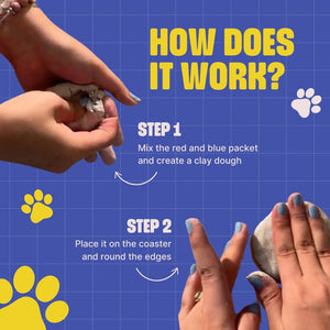 Instructions for creating clay dough on a blue background with paw prints. Kitsters DIY Paw Printing Kit at Go Science Product Image 4